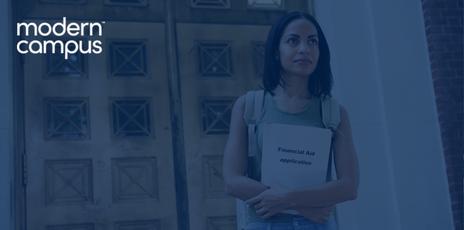 a student looking hopeful while holding a stack of paper labeled `financial aid application`